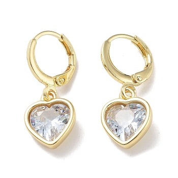Real 18K Gold Plated Brass Dangle Leverback Earrings, with Heart Glass, Clear, 25.5x10.5mm