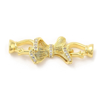 Rack Plating Brass Micro Pave Clear Cubic Zirconia Fold Over Clasps, Long-Lasting Plated, Bowknot, Real 18K Gold Plated, Bowknot: 13x20x6.5mm, Clasp: 12x7x5.5mm, Inner Diameter: 4mm