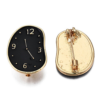 Twist Clock Enamel Pin, Light Gold Plated Alloy Brooch for Backpack Clothes, Nickel Free & Lead Free, Black, 30.5x22mm, Pin: 0.7mm