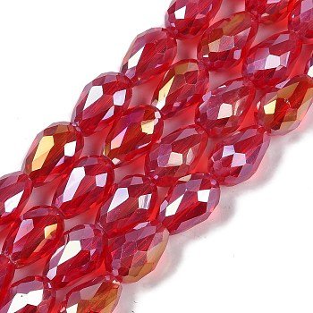 Transparent Electroplate Glass Beads Strands, AB Color Plated, Faceted, Teardrop, Crimson, 6x4mm, Hole: 0.9mm, about 65~67pcs/strand, 15.35~16.4''(39~41cm)