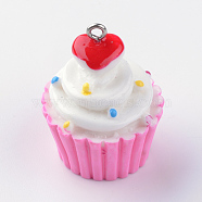 Resin Pendants, with Iron Findings, Cup Cake, Hot Pink, 30~32x23~24mm, Hole: 2mm(RESI-R187-10F)