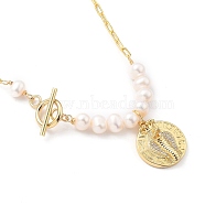 Brass Micro Pave Cubic Zirconia Pendant Necklaces, with Natural Pearl Beads, Paperclip Chains and Toggle Clasps, Flat Round with Snake Crown, Golden, 17.71 inch(45cm)(NJEW-JN03088-03)