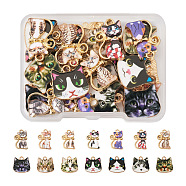 28Pcs 14 Style Printed Alloy Pendants, with Enamel, Light Gold, Cat, Mixed Color, 17~21x13~17.5x1.5~2mm, hole: 2mm, 2pcs/style(FIND-BG0001-04)