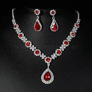 Teardrop Alloy Rhinestone Necklaces & Stud Earring Sets for Women, Light Siam, 12.40 inch(315mm)(SJEW-U001-01P-03)