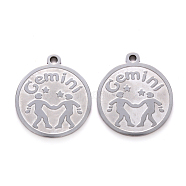 201 Stainless Steel Pendants, Flat Round with Twelve Constellation, Laser Cut, Stainless Steel Color, Gemini, 25x22x1.5mm, Hole: 2mm(STAS-R106-11)