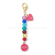 Mother's Day Flat Round with Word Mom & Heart Alloy Enamel Pendant Decorations, Glass Beads and Lobster Claw Clasps Charm, Hot Pink, 76mm(HJEW-JM01510-01)