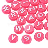 Plating Opaque Acrylic Beads, Metal Enlaced, Flat Round with Letter, Cerise, 10x6mm, Hole: 1.8mm, about 632pcs/200g(MACR-SZ0001-46E)