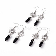 Natural Obsidian Bullet with Sun Dangle Earrings, Platinum Brass Long Drop Earrings for Women, 60mm, Pin: 0.6mm(EJEW-I276-01P-10)