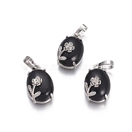 Natural Black Agate Pendants, with Platinum Tone Brass Findings, Oval with Flower, Dyed & Heated, 22x13.8x10.3mm, Hole: 6x3.5mm(G-L512-I19)
