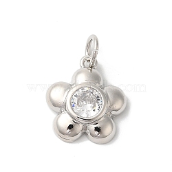 Rack Plating Brass Clear Cubic Zirconia Pendants, with Jump Ring, Long-Lasting Plated, Lead Free & Cadmium Free, Flower, Platinum, 17x13x3mm, Hole: 3mm(KK-Z056-22P)