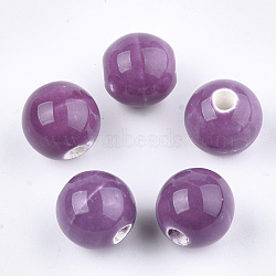 Handmade Porcelain Beads, Bright Glazed Porcelain, Round, Purple, 8~8.5x7.5~8mm, Hole: 1.5~2mm(PORC-S499-01A-03)