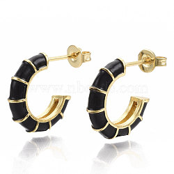 Brass Stud Earrings, Half Hoop Earrings, with Enamel and Earring Backs, Real 18K Gold Plated, Bamboo Shape, Black, 21x16.5x3.5mm, Pin: 0.7mm(EJEW-S209-10A)