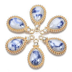 Porcelain Pendants, with Light Gold Plated Brass Findings and Crystal Rhinestone, Teardrop, Royal Blue, 24x14x5mm, Hole: 1.8mm(KK-N235-040B)