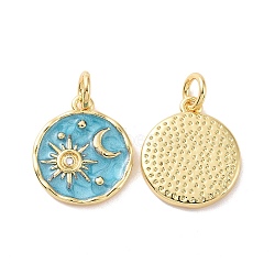 Rack Plating Brass Pendants, with Enamel and Jump Ring, Cadmium Free & Lead Free, Long-Lasting Plated, Flat Round with Sun & Moon Pattern, Real 18K Gold Plated, 15x13x2mm, Jump Ring: 5x1mm, Inner Diameter: 3mm(KK-C004-02G)