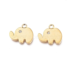 Ion Plating(IP) 304 Stainless Steel Charms, Manual Polishing, with Crystal Rhinestone, Elephant, Golden, 11.5x12.5x1.2mm, Hole: 1.8mm(STAS-L245-004G)