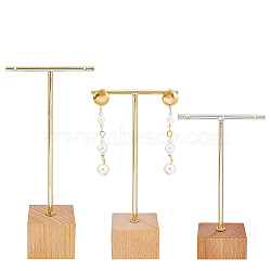 Iron Earring Display Stands, with Wooden Base, Square, Golden, 40x70x114mm(EDIS-WH0007-05)