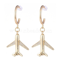 Brass Dangle Stud Earrings, Half Hoop Earrings, with Brass Micro Pave Cubic Zirconia Pendants, Plastic Ear Nuts and Cardboard Boxes, Airplane, Golden, 50mm, Pin: 0.8mm(EJEW-JE04112-01)
