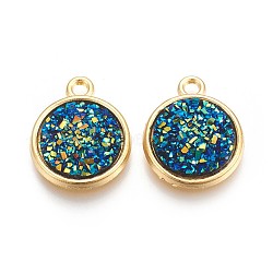 Resin Pendants, with Golden Tone Alloy Findings, Flat Round, Teal, 18x15x3.5~4mm, Hole: 1.8mm(X-RESI-F015-A09)