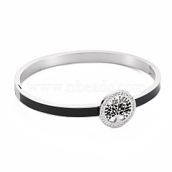 Crystal Rhinestone Flat Round with Tree of Life Bangle, Stainless Steel Hinged Bangle with Enamel for Women, Stainless Steel Color, Inner Diameter: 2x2-1/4 inch(5x5.7cm)(BJEW-N017-005P)