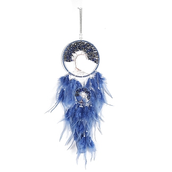 Retro Style Iron & Natural Lapis Lazuli Pendant Hanging Decoration, Woven Net/Web with Feather Wall Hanging Wall Decor, 160mm