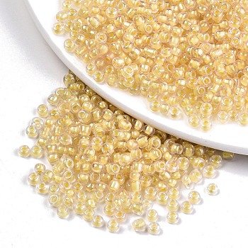 12/0 Glass Seed Beads, Transparent Inside Colours Luster, Round Hole, Round, Gold, 12/0, 2~2.5x1.5~2mm, Hole: 0.8mm, about 30000pcs/bag