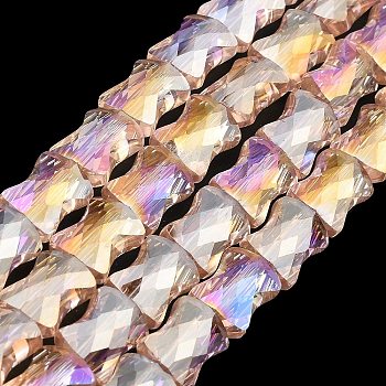 AB Color Plated Transparent Glass Beads Strands, Faceted Bamboo Stick, Pink, 10.5~11x8x5mm, Hole: 1mm, about 59~60pcs/strand, 24.41~24.80''(62~63cm)