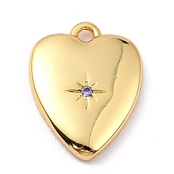 Brass Micro Pave Cubic Zirconia Charms, Cadmium Free & Lead Free, Long-Lasting Plated, Real 18K Gold Plated, Heart with Star, Mauve, 13x10x2mm, Hole: 1mm