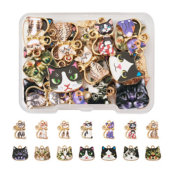 28Pcs 14 Style Printed Alloy Pendants, with Enamel, Light Gold, Cat, Mixed Color, 17~21x13~17.5x1.5~2mm, hole: 2mm, 2pcs/style