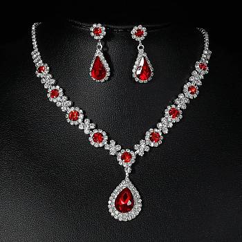 Teardrop Alloy Rhinestone Necklaces & Stud Earring Sets for Women, Light Siam, 12.40 inch(315mm)