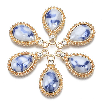 Porcelain Pendants, with Light Gold Plated Brass Findings and Crystal Rhinestone, Teardrop, Royal Blue, 24x14x5mm, Hole: 1.8mm