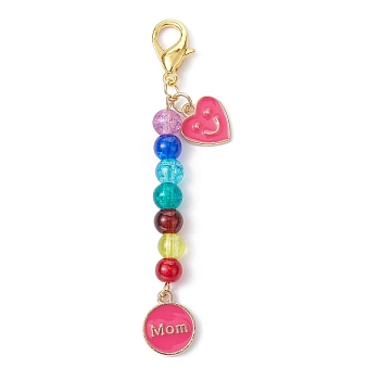 Mother's Day Flat Round with Word Mom & Heart Alloy Enamel Pendant Decorations, Glass Beads and Lobster Claw Clasps Charm, Hot Pink, 76mm