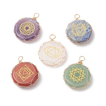 Copper Wire Wrapped Natural & Synthetic Mixed Stone Pendants, Chakra Flat Round Charms, Light Gold, 35x25.5x6.5mm, Hole: 4mm