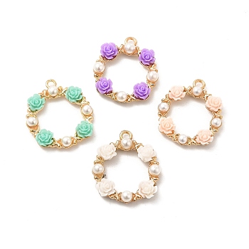 Alloy Pendants, Ring Charms with Flower, with Resin and ABS Imitation Pearl Beads, Mixed Color, Golden, 27x23.5x4.5mm, Hole: 1.8~2mm