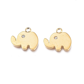 Ion Plating(IP) 304 Stainless Steel Charms, Manual Polishing, with Crystal Rhinestone, Elephant, Golden, 11.5x12.5x1.2mm, Hole: 1.8mm