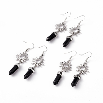 Natural Obsidian Bullet with Sun Dangle Earrings, Platinum Brass Long Drop Earrings for Women, 60mm, Pin: 0.6mm