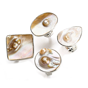 Freshwater Shell with Pearl Adjustable Finger Rings for Girl Women, Platinum Brass Rings, Mixed Shapes, 4mm, Inner Diameter: 18mm