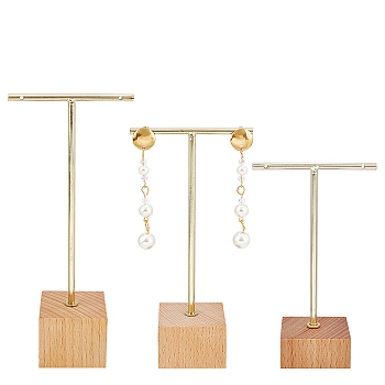 Iron Earring Display Stands, with Wooden Base, Square, Golden, 40x70x114mm