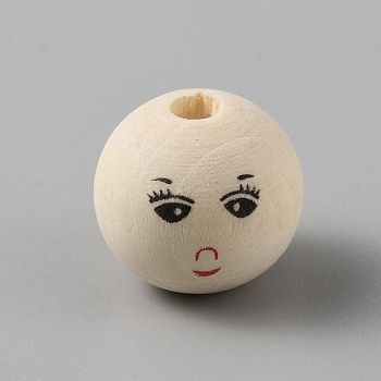 Printed Round Wood European Beads, Smiling Face Print Large Hole Beads, Undyed, BurlyWood, 19.5~20x18mm, Hole: 4.5mm