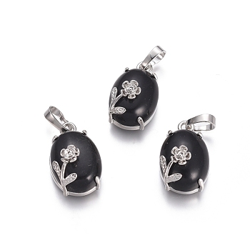 Natural Black Agate Pendants, with Platinum Tone Brass Findings, Oval with Flower, Dyed & Heated, 22x13.8x10.3mm, Hole: 6x3.5mm