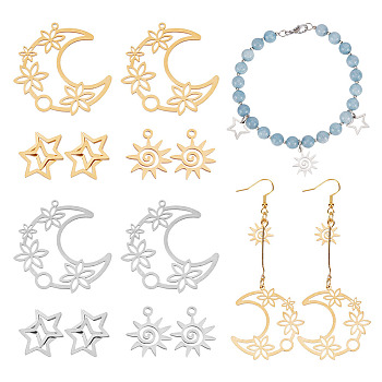 12Pcs 6 Style 201 Stainless Steel Pendants, Laser Cut Pendants, Moon with Flower & Star, Mixed Color, 15~38x13~35x1mm, Hole: 1.5mm, 2pcs/style