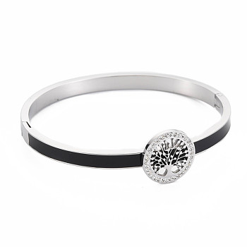 Crystal Rhinestone Flat Round with Tree of Life Bangle, Stainless Steel Hinged Bangle with Enamel for Women, Stainless Steel Color, Inner Diameter: 2x2-1/4 inch(5x5.7cm)
