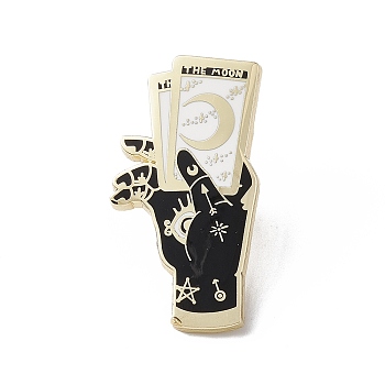 The Hand with Moon Tarot Card Enamel Pin, Golden Brass Brooch for Backpack Clothes, Black, 35.5x19x2mm, Pin: 1.3mm.