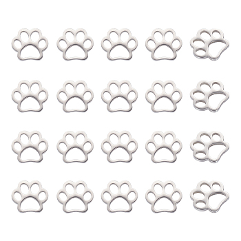 20Pcs 201 Stainless Steel Charms, Laser Cut, Dog Paw Print Charm, Stainless Steel Color, 11x12x1mm, Hole: 2~2.5x3~3.5mm