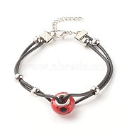 Lampwork Big Rondelle Link Bracelet with Cowhide Leather Cord for Women, Red, 7-1/2 inch(19cm)(BJEW-JB07848)