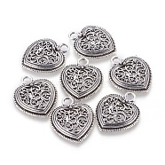 Tibetan Style Filigree Heart Alloy Pendants, Cadmium Free & Nickel Free & Lead Free, Antique Silver, 30x24.5x4.5mm, Hole: 4mm, about 227pcs/1000g(TIBEP-Q048-024-FF)