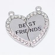 Heart Alloy Rhinestone Split Pendants, with Words Best Friends, Cadmium Free & Nickel Free & Lead Free, Platinum, 32.5x31x3mm, Hole: 2mm(TIBEP-S293-061P-FF)