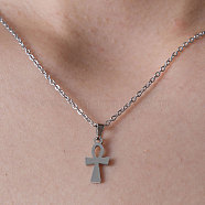 Non-Tarnish 201 Stainless Steel Ankh Cross Pendant Necklace, Stainless Steel Color, 17.72 inch(45cm)(NJEW-OY001-01)