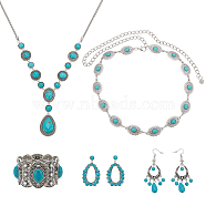 Synthetic Turquoise Hollow Out Teardorp Chandelier & Dangle Stud Earring & Stretch Bracelet & Lariat Necklace & Link Chain Waist Belt, Antique Silver Alloy Jewelry Set for Women, 50~76mm, Pin: 0.8mm, 2 inch(5.2cm), 24.49 inch(62.2cm), 27.26 inch(70cm)(SJEW-AN0001-01)