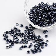 6/0 Electroplated Iris Round Glass Seed Beads, Black, 4mm, Hole: 1mm, about 495pcs/50g(X-SEED-A009-4mm-606)