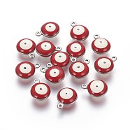 304 Stainless Steel Enamel Charms, Flat Round with Evil Eye, Stainless Steel Color, Red, 11x8x3.5mm, Hole: 1.5mm(STAS-O123-B-02P)